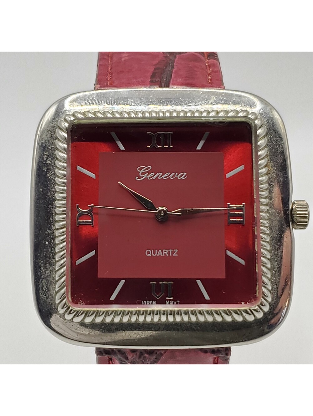 Geneva Womens Watch  40mm Red Dial Leather Band Square New Battery